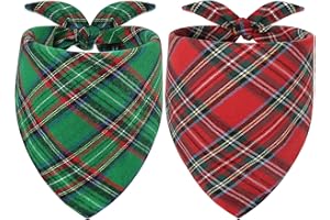 Vivifying Dog Christmas Bandanas, 2Pcs Adjustable Triangle Dog Bandanas with Chequered, Dog Christmas Costume for Small Medium Dogs (Green&Red)