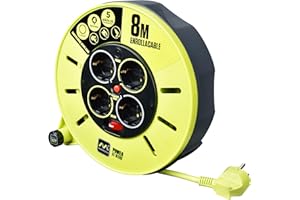 Masterplug Pro-XT Enrollacables de carrete de cable abierto de cuatro tomas con asa de bobinado, interruptor térmico e interruptor de alimentación, cable de alta visibilidad de 8 metros