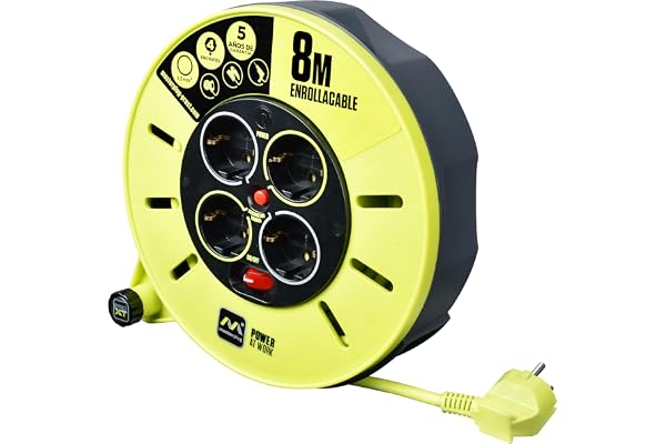 Masterplug Pro-XT kabelrulle 8 meter, 4 x EU Schuko-uttag, förlängningssladd 16A, värmeskydd, kabel med hög synlighet