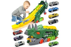 YADODO Camion Dinosaure Jouet Enfant avec 8 Petites Voitures, Dinosaure Jouet Camion Transporteur Portable Pliable Circuit Voiture Enfant Garçons Filles 3 4 5 6 Ans (Vert)