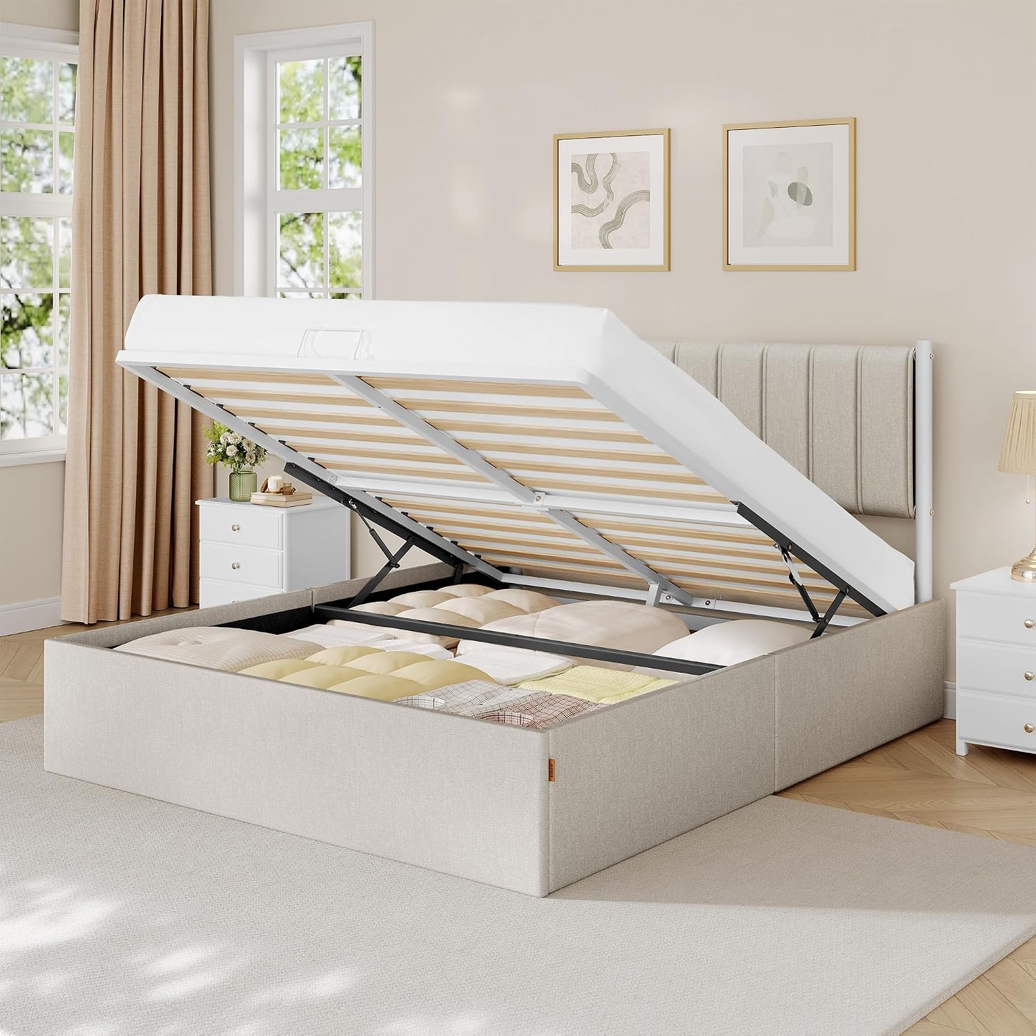 VASAGLE Estructura de Cama, 160 x 200 cm, Cama Elevable, 2 Personas, con Almacenaje, Cabecero, Sistema Hidráulico, Moderno y Minimalista, Fácil Montaje, Beige Capuchino RMB615LH01