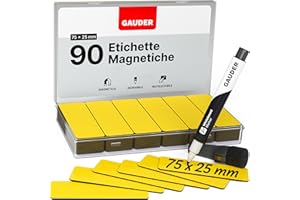GAUDER Etichette Magnetiche Riscrivibili - Magneti Riutilizzabili da Etichettare per Lavagna, Lavagna Kanban, Frigorifero e Bacheca - Cartellini Magnetici con Pennarello (90 Pezzi - 75 x 25 mm)