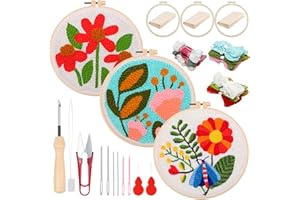 Woohome DIY Needle Punch Handwerk Stickerei, Punch Needle Set für Anfänger, Sticktuch mit Muster, Stickrahmen Fäden, Anleitung (Rote und Rosa Blume)