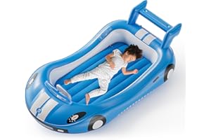 QPAU Lit gonflable pour enfants, lit de voyage avec côtés pour camping, voyage, hôtel ou utilisation à domicile, pompe à main incluse (bleu)