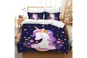 LLTTEER Housse de Couette Licorne pour Enfants,Parure de lit Licorne Cartoon 3D Imprimé,Soft Microfibre Housse de Couette avec 2 taies d'oreiller 50x75cm pour Les Filles (Licorne 04, 200 x 200 cm)