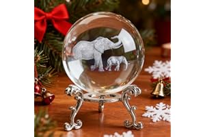 ZEERSHEE 60 mm 3D-Glaskugel mit Lasergravur, Motiv: Mutter und Sohn, Elefant, Kristallkugel mit Ständer, dekorative Kugel, Elefanten-Geschenke für Frauen