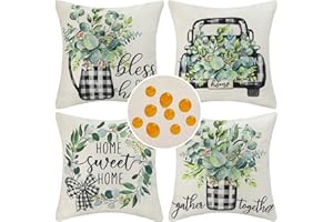 CHEEKYWARES Juego de 4 Fundas de Cojines Impermeables 45x45cm Tela Escocesa de Búfalo Negro Funda de Almohada Exterior Decorativos Lino Resistente al Agua Funda con Camión Hojas Verde Eucalipto para Oficina Casa