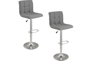 Baroni Home gepolsterter Barhocker oder Küchenhocker, verstellbar und drehbar um 360°, mit Rückenlehne und Fußstütze, Gestell aus verchromtem Stahl, Grau Stoff, 2 Stück