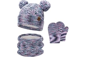 BEQUEMER LADEN Kinder Winter Pompom Mütze Loop Schal Handschuhe Set, Wintermütze Fäustlinge für 0-4 Jahre Baby Kleinkinder, Strickmütze Touchscreen Handschuhe für 5-8 Jahre Mädchen Jungen