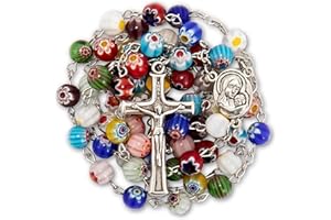 Nazareth Store Muranoglas Rosenkranz Halskette Handgefertigt Mehrfarbige Millefiori Perlen Rosario Medaille der Heiligen Erde und Kreuz Kruzifix