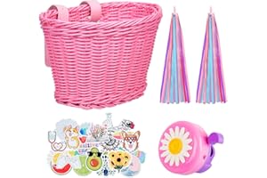 DKINY Kids Bike Baskets Kit Girls Bicycle Basket with Bike Bell and Bicycle Streamers Pink Handwoven Cycling Basket for Woman Children