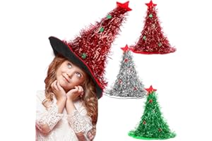 POLUKA 3PCS Christmas Hats Red Green Silver Christmas Tree Hats Xmas Tree Hat Costume Accessories Tree Hat Santa Hat with Tinsel Colorful Poms Santa Dress Costume Hat for Christmas Costume Adults and Kids