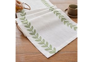 Wracra Linen Embroidered Table Runner, Irregular Willow Leaf Table Runners 230cm Long, Rustic Farmhouse Table Runner for Dining Holiday Parties and Everyday Use(Light Sage Green, 230cm)