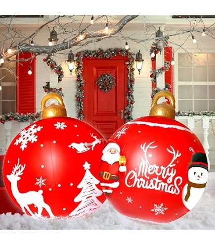 2 Boules De Noël Gonflables Géantes 60 Cm – Décorations Extérieur PVC, Pour Jardin, Pelouse, Porche