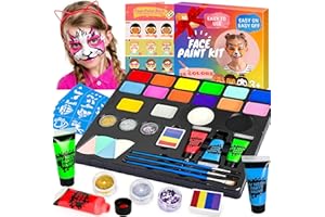 Lubibi Kinderschminke Set,Schminkset für Kinder,Professionelle Schminkfarben,Schminkpalette,23 Farben,24 Schablonen,3 Glitterpuder,Halloween-Make-up-Set,Gesichtsfarben für Fasching Geburtstag Geschenk