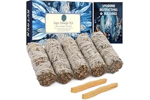 Nutgun 5Pcs White Sage Smudge Sticks with Palo Santo Sticks - Sage Incense Sticks for Smudging, Healing, Meditation, Home Cleansing - 4” California Sage Sticks & Palo Santo Sticks