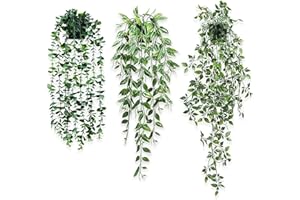 Donken Artificial Hanging Plants in Pots 3 Pack Indoor Trailing Plants Fake Plants Eucalyptus Peas Mandala Home Garden Shelf Decor Greenery for Wedding, Party Outdoor