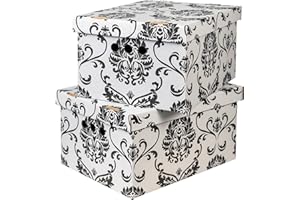 SOFTILLO Cardboard Storage Boxes with Lid, Decorative Wardrobe, Closet, Home & Office Organiser with Handle, Flat-Packed, Stackable File Box, Gift for Adults & Kids, Set of 2, Large - Black Garden