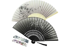 DAZAKA 2 Pezzi Ventagli Pieghevoli,Ventaglio in Legno| Ventaglio da Borsetta in Tessuto di Seta di Bambù,Ventilatore Originale per Decorazione Matrimoni Danza Puntelli Spettacolo Regalo - C