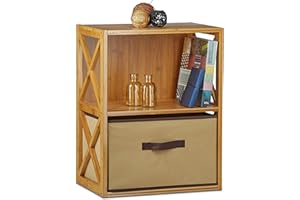 ‎RELAXDAYS Relaxdays Regał bambusowy z koszem, 2 półki, drewniany regał stojący, regał łazienkowy, składane pudełko, wys. x szer. x gł.: 54 x 42 x 29 cm, naturalny brąz