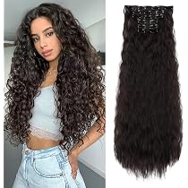 ALXNAN Clip-in Haarverlängerung - Gewellt, Schwarz, 61 Cm, 4-teiliges Set Aus Kunsthaar