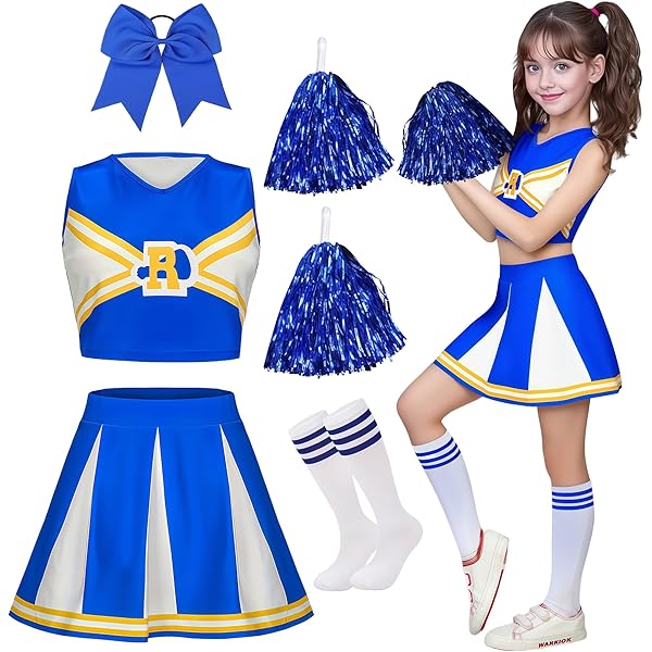 Aitsite Cheerleaderkostuum voor kinderen, cheerleaderoutfit voor meisjes, kinderkostuum, cheerleader, kindercheeroutfit met pompons, sokken voor carnaval, themafeest, blauw, 140