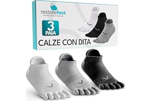RestoreFeet Calze con Dita Uomo Donna – 3 Paia Calzini con Dita Separate Traspiranti in Cotone – Calze 5 Dita Barefoot Sportive – Taglie S M L XL per Yoga, Fitness, Corsa