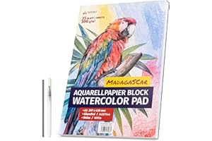 Tritart Papel de acuarela A3, 300 g, blanco, 35 hojas, bloc de acuarela A3, incluye pincel de agua y lápiz, XXL