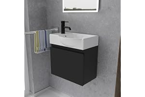ALPENBERGER GERMANY Alpenberger Waschtisch mit Unterschrank | Gäste WC Waschbecken Klein 45 cm Breit | Keramik Aufsatzwaschbecken Waschbeckenunterschrank | Badmöbel Set Hängend | Waschtischunterschrank Schwarz