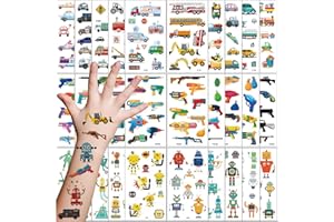 FLYFTREY 30 Hojas Tatuajes Temporales para Niños, Tema Pistola Vehículo Robot Tatoos Infantiles Impermeable Respetuoso Con la Piel, Tatuajes Regalos de Cumpleaños Festivales Fiestas Gift Bag Filler