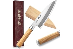 HEZHEN 18CM Coltello Deba, Stile Giapponese Acciaio Forgiato Pesce Salmone Coltello da Filetto Acciaio Inossidabile Coltello da Macellaio, Maniglia in Legno di Ulivo Fodero di Legno Fodero