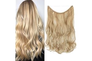 TESS Extensiones Hilo Invisible Pelo Natural 50 cm, Rubio oscuro Extensiones Pelo Natural Ondulado 90g Pelo Sintético Una Pieza