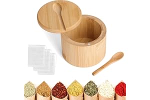 KASURE Salero para Cocina Bambú, Caja de Especias de Bambú Redonda, de Especias con Contenedor de Cierre Magnético, Sal, Pimienta, Hierbas y Más（3 bolsitas de especias gratis）