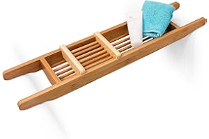 ‎RELAXDAYS Relaxdays Bambusowy pojemnik do wanny ze stojakiem na mydło, 6,5 x 69 x 14 cm, regulowany pojemnik na mydło, naturalny brąz