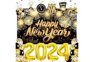 LECONCES Silvester Party Dekoration Set 2024, Große Happy New Year Hintergrund Banner, 2024 Silvester Deko Hängende Wirbel, XXL 2024 Folienballons, Latexballons, 2024 Neujahr deko Set