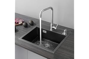 CECIPA 50×45cm Fregadero Cocina Negro Gris, Fregadero Cocina 1 Seno sobre Encimera ou Empotrado, Fregadero Negro 1 Seno Inox 201 con Desbordamiento y Sifon (Sin dosificador de jabón)