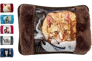 SUYAMIR Borsa Acqua Calda Elettriche con Morbida Fodera in Peluche; 500 watt;Temperatura max 75°C;utile come Scaldamani e Scaldapiedi;Ideale per Alleviare Dolori Muscolari,Dorsali e Mestruali(Marrone-Gatto)