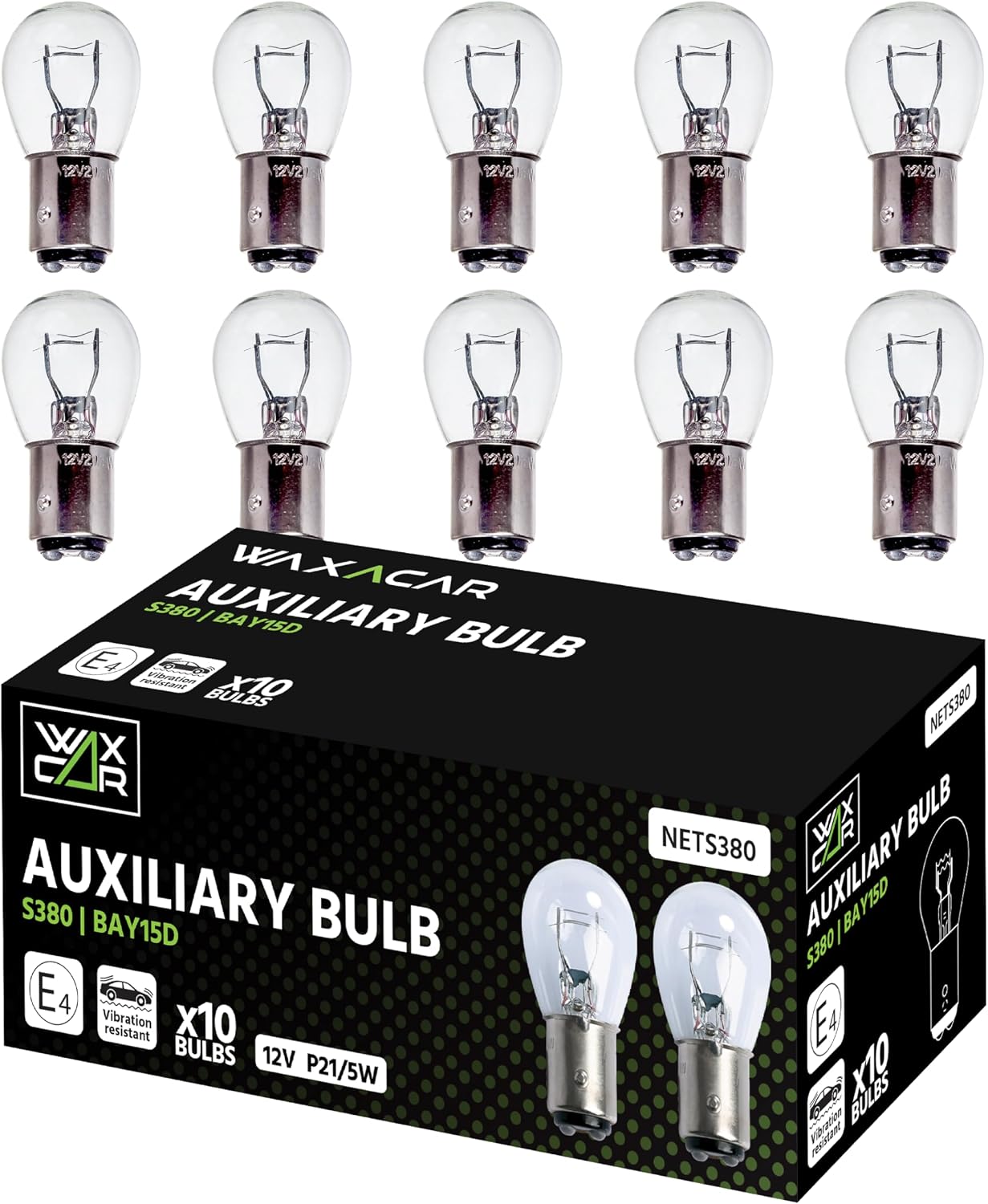 WAXACAR Vehicle Light Bulbs, Multi-Purpose for Tail, Brake, Fog, Indicator, Reverse Lights, 10 Pack, Universal Fit, Halogen, 21W, Compatible with Car, Van, Trailer, Truck, Bike (380 (10 Pack))