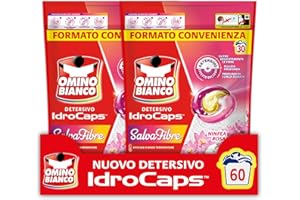 Omino Bianco Idrocaps - Detersivo Lavatrice in Capsule Salva Fibre, 60 Lavaggi, Efficace a Basse Temperature, Profumo Ninfea Rosa, 30 Caps x 2 Confezioni