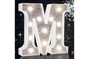 HEYCOLOR LED Marquee Letter Lights, Light Up Silver Letters for Bedroom Glitter Gifts for Teenage Girls Alphabet Letter Sign Battery Powered Night Light Birthday Party Wedding Home Decoration, Silver Letter M