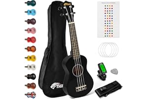 TIGER UKEKIT-BK Pacchetto Ukulele per principianti, Ukulele soprano, accordatore, tracolla, adesivi, corde di ricambio e plettro in feltro - Nero