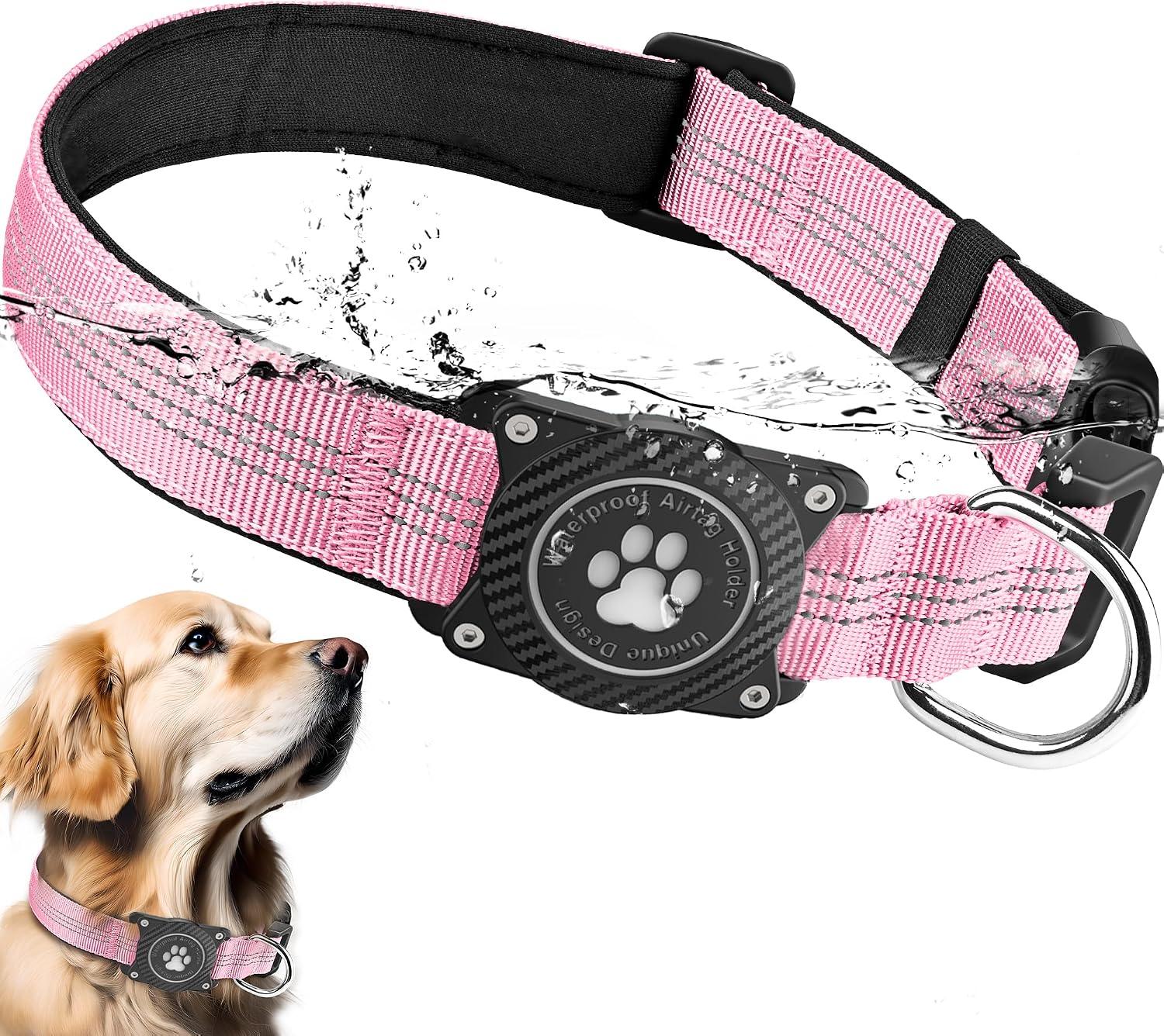 Ytanest AirTag Collar Perro Impermeable Integrado Luminoso Soporte de Apple Air Tag Reflectante Anti-Pérdida Protección, Rosa 02, M