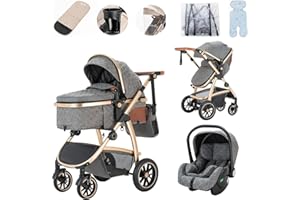 Lnhcrbs Passeggino 3 in 1 con Seggiolino Auto, Passeggino Leggero con Maniglia di Spinta Regolabile in Altezza, Carrozzina Reversibile Rivestita con Zanzariera, Sacca per La Mamma e Portabottiglie