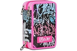 SJ GANG STYLE JAM GANG Astuccio Scuola 3 Zip Sj Ever, Nero, Portapenne Triplo Scomparto Completo Di Penne, Matite, Colori, Accessori Zaino, Scuola Elementare, Bambina