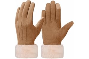 Vagasi Women Touch Screen Gloves - Winter Warm Fleece Lined Touchscreen Gloves Ladies Thermal Suede Gloves Fur Cuff Full Finger Mittens for Women Girls Texting Skiing Outdoor Gifts UK