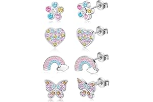 KALVICA 4 Pairs Hypoallergenic Stud Earrings for Girls Women Small Cubic Zirconia Stud Earrings Set Multicolored Flower Butterfly Rainbow Heart Cute Jewelry Birthday Party Gifts