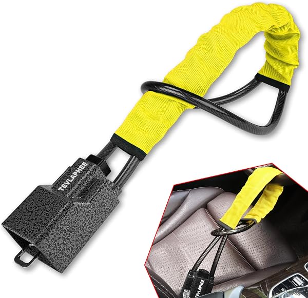 Tevlaphee Upgraded Steering Wheel Lock, Seat Belt Lock, Metal Head, High Visibility Car Lock Anti-Theft Device, Heavy Duty, Universal Fit for Car, SUV, Pickup, Jeep, Van, RV, 3Keys(Yellow) - 1