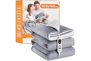 MIA&COCO Manta Eléctrica Grande Térmica para Cama 180x200cm 10 Niveles de Calor y Temporizador de Apagado Automático de 1~9 Horas para Protección, Pantalla LED, para Cama Hogar y Oficina, Franela Lavable,Gris