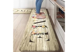 KIMODE Kitchen Floor Mats Cushioned Anti Fatigue,Farmhouse Floral Rugs Sets of 2,Memory Foam Carpet Non Slip,Long Sink Runner for Bathroom Laundry Office,Beige 17"x59"+17"x29"