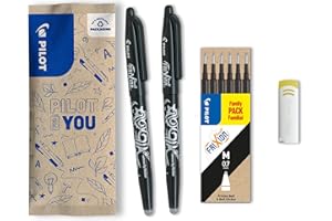 PILOT - Set di 2 FriXion Ball 07 + 1 set di 6 Ricariche + 1 gomma - Penna a Inchiostro Termosensibile Cancellabile - Penna roller Ricaricabile - Nero - Punta Media